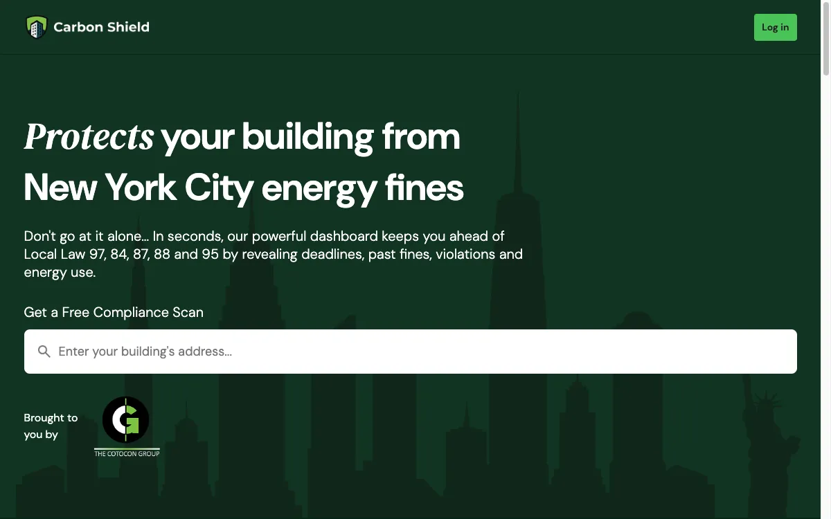 Carbon Shield product homepage, an NYC building energy-compliance platform