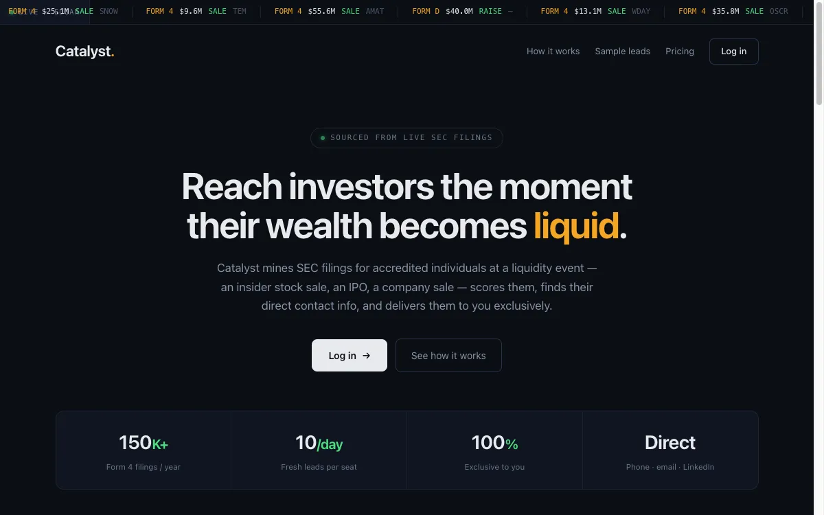 Catalyst product homepage, showing live SEC-filing liquidity events for financial advisors