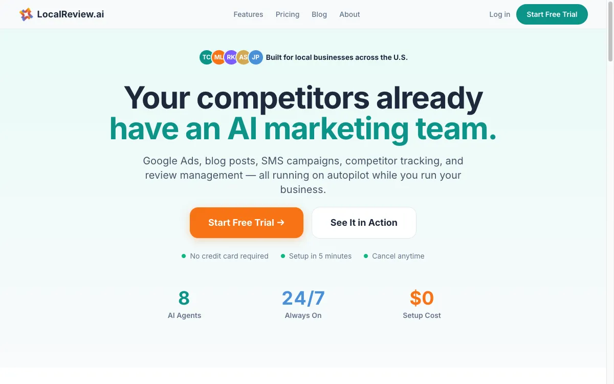 LocalReview.ai product homepage, an AI marketing platform for local businesses
